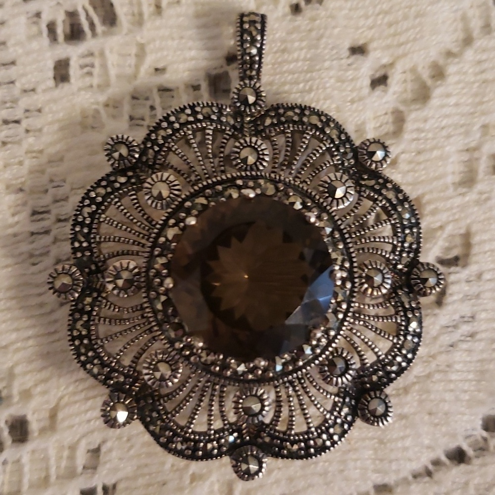 STUNNING Sterling Silver PENDANT BROOCH/PIN Smoky Quartz MARCASITE FILIGREE